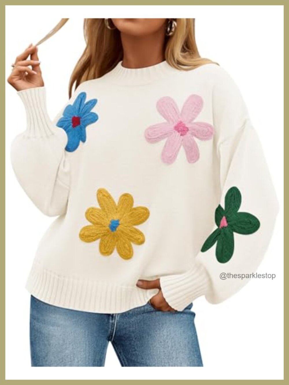 Women's Floral Knit Pullover Sweater Long Lantern Sleeve Crew Neck